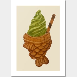 Taiyaki Matcha Ice Cream watercolour painting Posters and Art